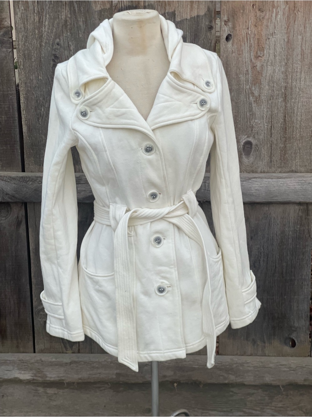 Maurices Women’s Cream Hooded Belted Peacoat Jacket – Size Medium - Picture 4 of 12